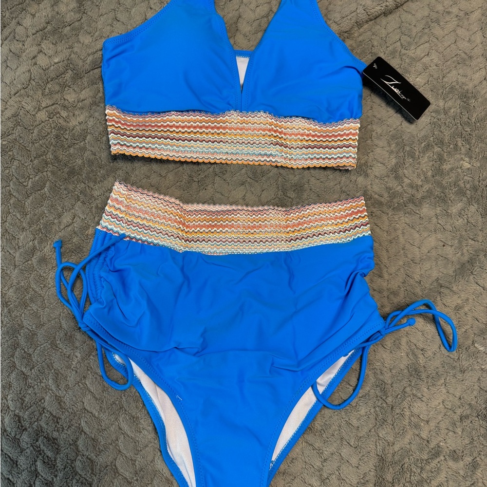 Blue Two-Piece Swimsuit with Multicolor Stripes